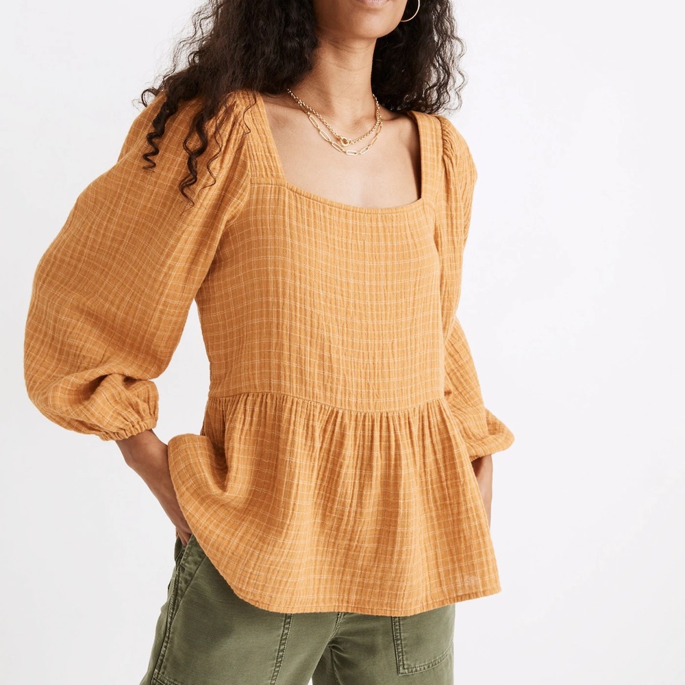 Madewell Lightspun Millbrook Puff-Sleeve Peplum Top in Windowpane